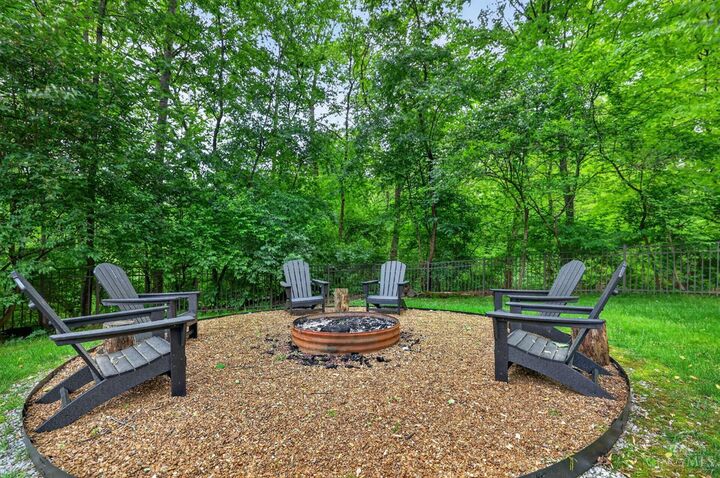 Fire pit with seating among the trees